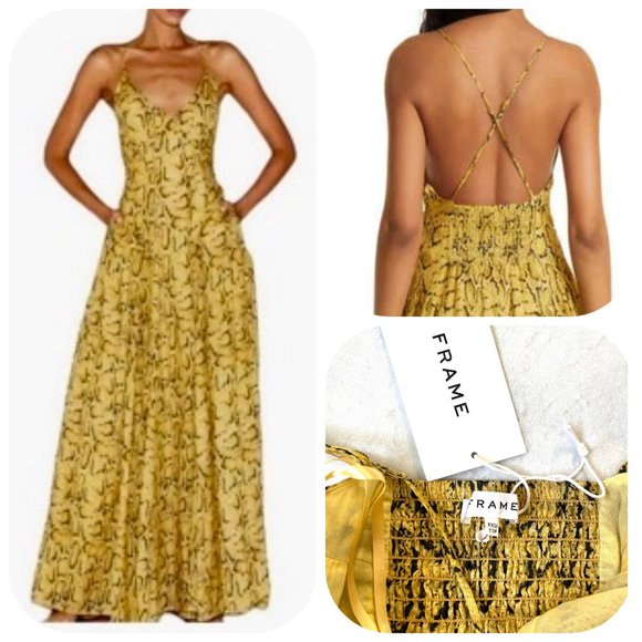 NWT Frame Malibu Yellow Python Print Cross Back Maxi Dress - Picture 15 of 15